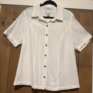 CJ Banks Swiss Dot Short Sleeve button down Blouse Top Womens 1X tie back white